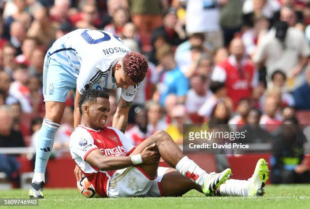 Jurrien Timber of Arsenal goes down with an injury during the Premier League match between Arsenal FC and Nottingham Forest at Emirates Stadium on...