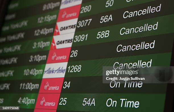 Canceled flights due to weather are displayed on a departure monitor at San Francisco International Airport on February 8, 2013 in San Francisco,...