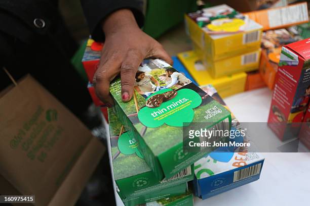 Girl Scouts sell cookies as a winter storm moves in on February 8, 2013 in New York City. The scouts did brisk business, setting up shop in locations...