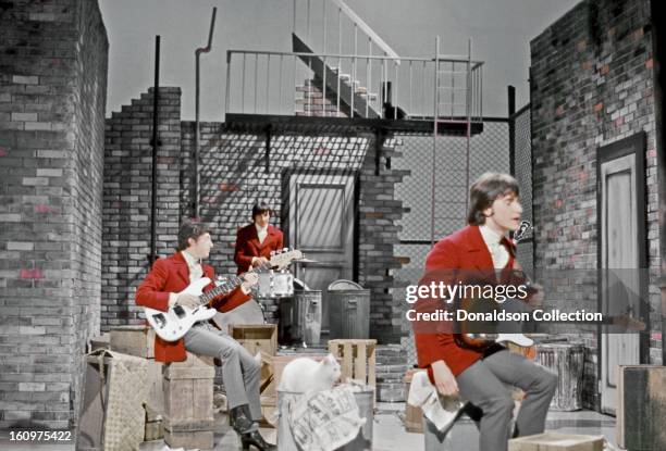 English rock group The Kinks perform on the NBC TV music show 'Hullabaloo' in February 1965 in New York City, New York.