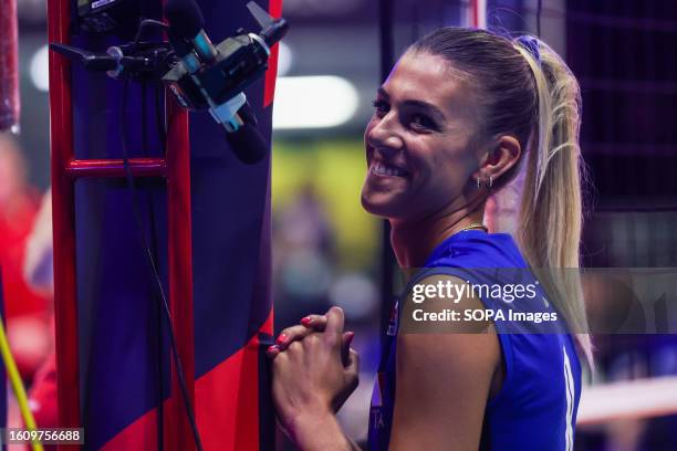 Alessia Orro of Italy smiling during CEV EuroVolley 2023 women Final Round Pool B volleyball match between Italy and Switzerland at Arena di Monza,...