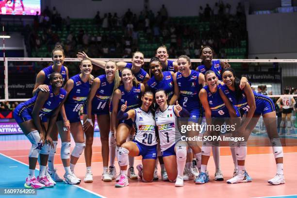 Italy players celebrate the victory at the end of the match during CEV EuroVolley 2023 women Final Round Pool B volleyball match between Italy and...