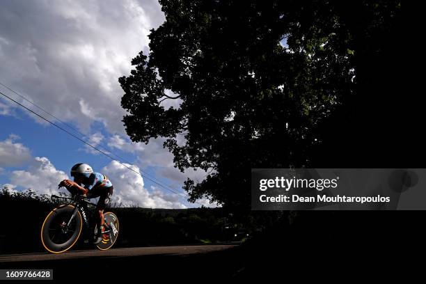 Remco Evenepoel of Belgium sprints during the Men Elite Individual Time Trial a 47.8km race from Stirling to Stirling at the 96th UCI Cycling World...