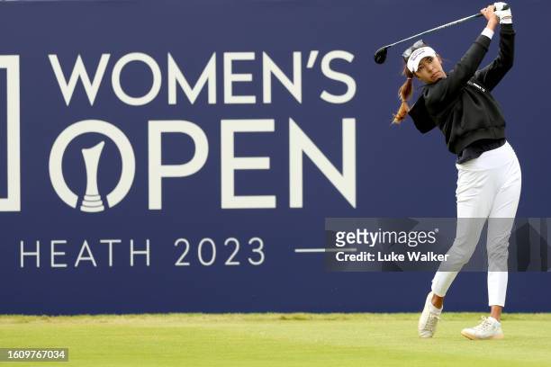 Alison Lee of the United States plays her tee shot on the 1st hole on Day Three of the AIG Women's Open at Walton Heath Golf Club on August 12, 2023...