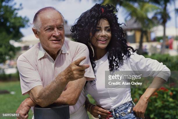 Actor Bob Hope and singer La Toya Jackson on Cable Beach The Bahamas while filming an Easter TV program in March, 1989.