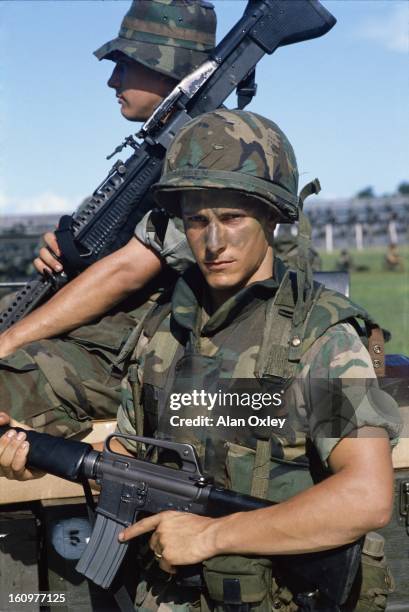 Young American Marine with an M16 rifle near St. Georges during the US invasion of Grenada in Oct, 1983.