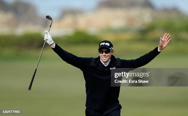 Nick O'Hern of Australia celebrates an eagle on the tenth hole during the second round of the AT&T Pebble Beach National Pro-Am at the Monterey...