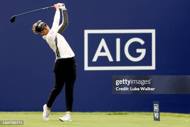 Gaby Lopez of Mexico plays her tee shot on the 1st hole on Day Three of the AIG Women's Open at Walton Heath Golf Club on August 12, 2023 in...