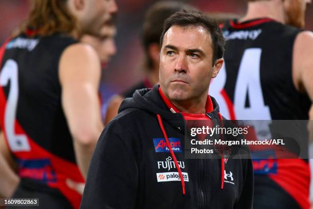 Bombers head coach, Brad Scott reacts during the 2023 AFL Round 23 match between the GWS GIANTS and the Essendon Bombers at GIANTS Stadium on August...