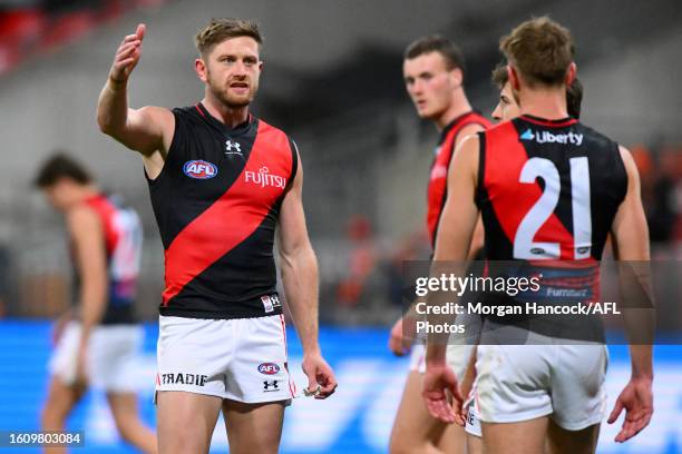 Jayden Laverde of the Bombers reacts during the 2023 AFL Round 23 match between the GWS GIANTS and the Essendon Bombers at GIANTS Stadium on August...