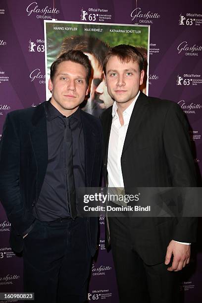 Hanno Koffler and Max Riemelt attend 'Freier Fall' cast at Glashuette Lounge on February 8, 2013 in Berlin, Germany.