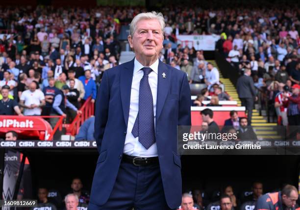 Roy Hodgson, Manager of Crystal Palace, looks on prior to the Premier League match between Sheffield United and Crystal Palace at Bramall Lane on...