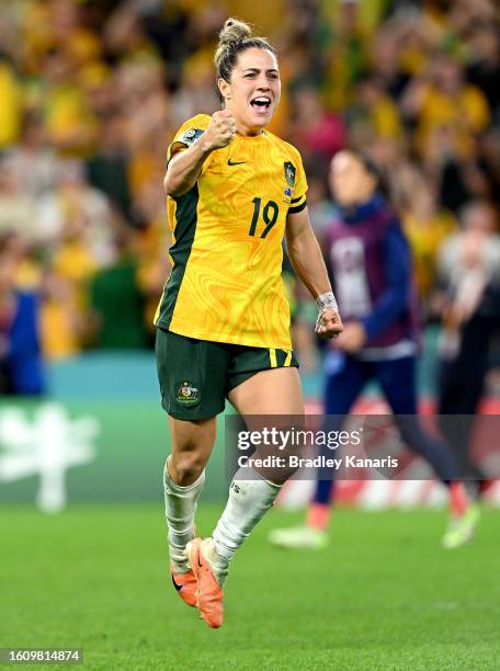 Katrina Gorry of Australia celebrates her team's victory after the penalty shoot out during the FIFA Women's World Cup Australia & New Zealand 2023...