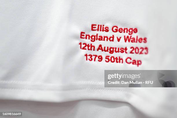 Detailed view of the embroidery, which reads "Ellis Genge, England v Wales, 12th August 2023, 1379 50th Cap", on the match shirt of Ellis Genge in...