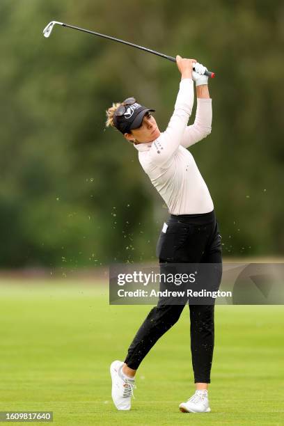 Gaby Lopez of Mexico plays her second shot on the 3rd hole on Day Three of the AIG Women's Open at Walton Heath Golf Club on August 12, 2023 in...