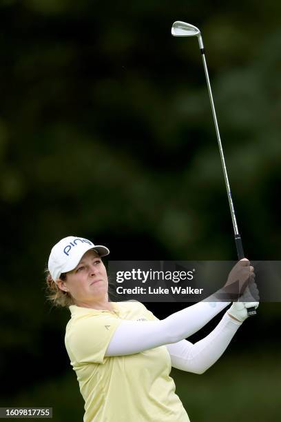 Ally Ewing of the United States plays her second shot on the 1st hole on Day Three of the AIG Women's Open at Walton Heath Golf Club on August 12,...