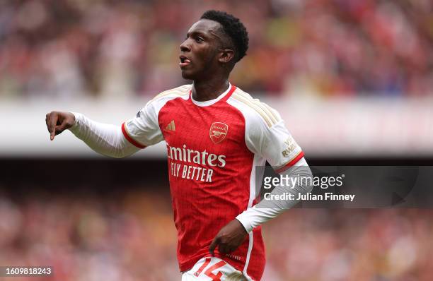 Eddie Nketiah of Arsenal celebrates scoring the team's first goal during the Premier League match between Arsenal FC and Nottingham Forest at...