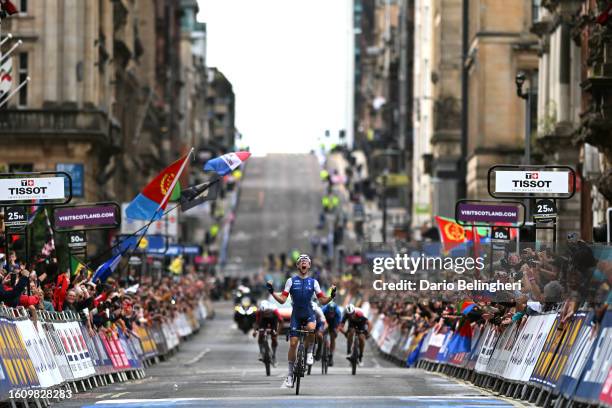 Axel Laurance of France celebrates at the finish line as race winner during the Men's Under 23 Road Race a 168.4km race from Loch Lomond to Glasgow...