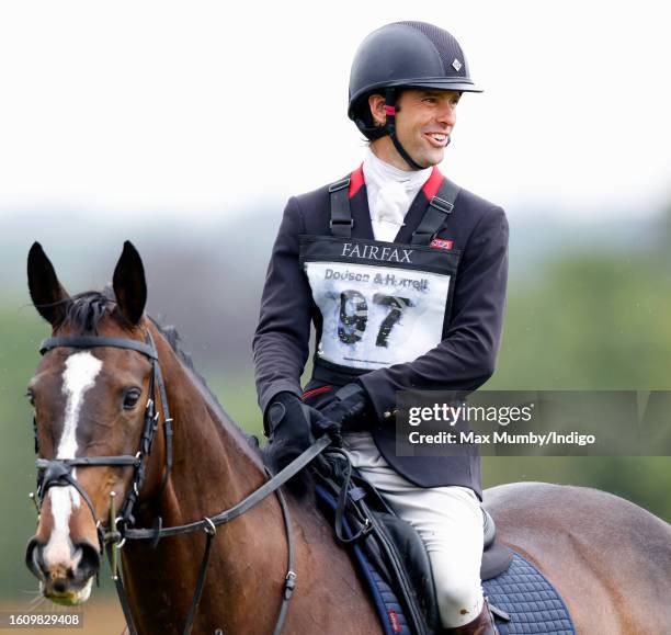 Harry Meade warms up on his horse 'Amiro Island' before competing in the dressage phase of the 2023 Festival of British Eventing at Gatcombe Park on...