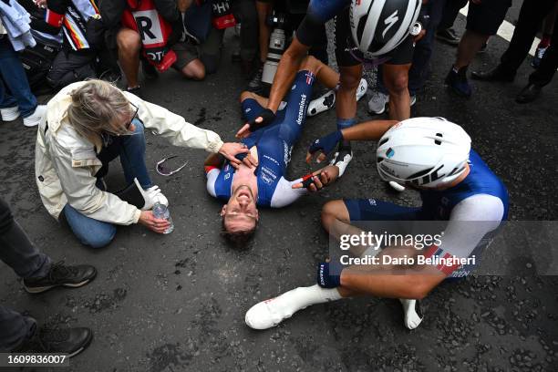 Race winner Axel Laurance of France and Pierre Gautherat of France react after the Men Under 23 Road Race a 168.4km race from Loch Lomond to Glasgow...