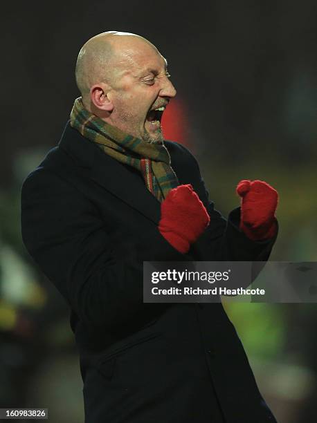 Palace manager Ian Holloway celebrates the equaliser during the npower Championship match between Watford and Crystal Palace at Vicarage Road on...