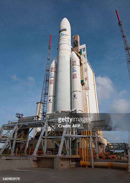An Ariane 5 rocket carrying two satellites, Amazonas 3 and Azerspace/Africasat-1a, is on the launch pad on February 6, 2013 at the European space...