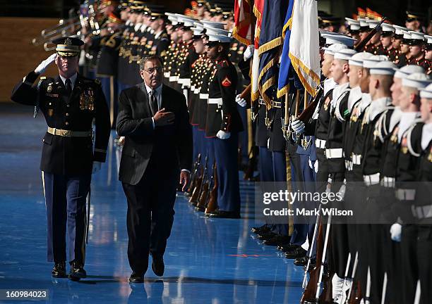 Secretary of Defense Leon Panetta and U.S. Army Col. James Markert Commander 3rd. U.S. Infantry Regiment, inspect the troops during a Armed Service...