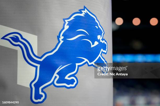The Detroit Lions logo is pictured before the preseason game between the Detroit Lions and New York Giants at Ford Field on August 11, 2023 in...