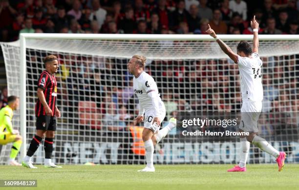 Jarrod Bowen of West Ham United celebrates after scoring the team's first goal during the Premier League match between AFC Bournemouth and West Ham...