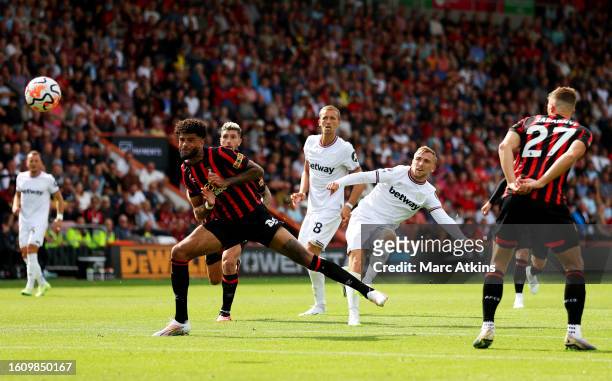 Jarrod Bowen of West Ham United scores the team's first goal during the Premier League match between AFC Bournemouth and West Ham United at Vitality...