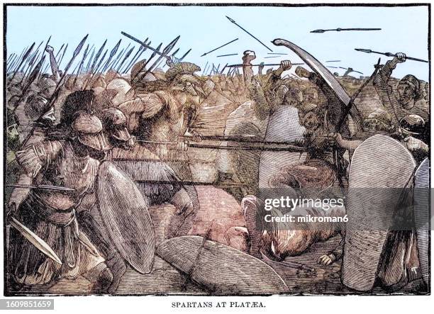 engraving illustration of a spartans at the battle of plataea - sparta imagens e fotografias de stock