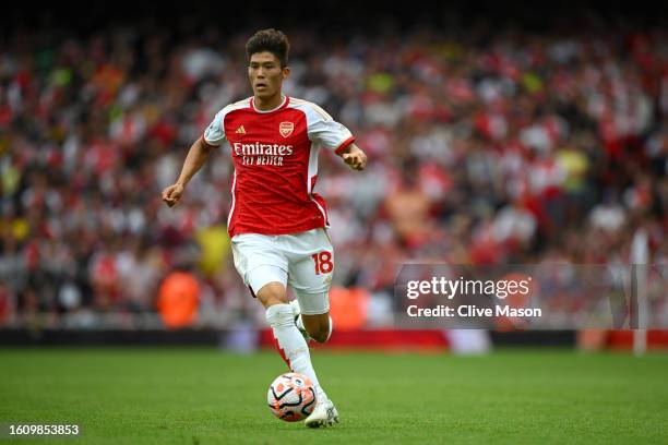 Takehiro Tomiyasu of Arsenal in action during the Premier League match between Arsenal FC and Nottingham Forest at Emirates Stadium on August 12,...