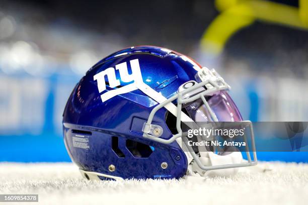 The New York Giants helmet is pictured before the preseason game against the Detroit Lions at Ford Field on August 11, 2023 in Detroit, Michigan.