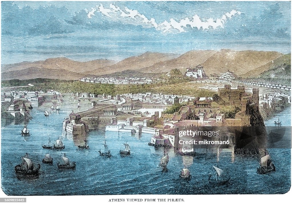 Old engraved illustration of reconstruction of the ancient city of Athens, viewed from the Piraeus