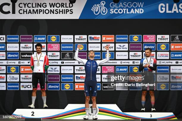 Silver medalist António Morgado of Portugal, gold medalist Axel Laurance of France and bronze medalist Martin Svrček of Slovakia pose on the podium...