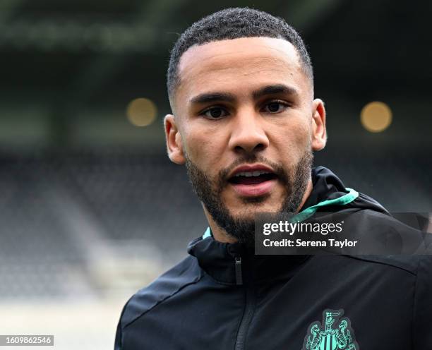 Jamaal Lascelles of Newcastle United FC arrives for the Premier League match between Newcastle United and Aston Villa at St. James Park on August 12,...