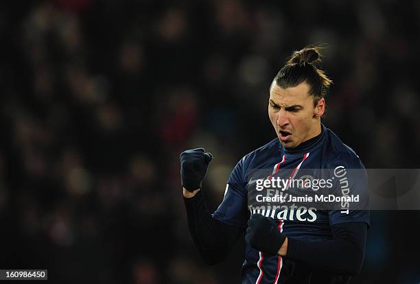 Zlatan Ibrahimovic of Paris Saint-Germain celebrates his goal during the Ligue 1 match between Paris Saint-Germain FC and SC Bastia at Parc des...