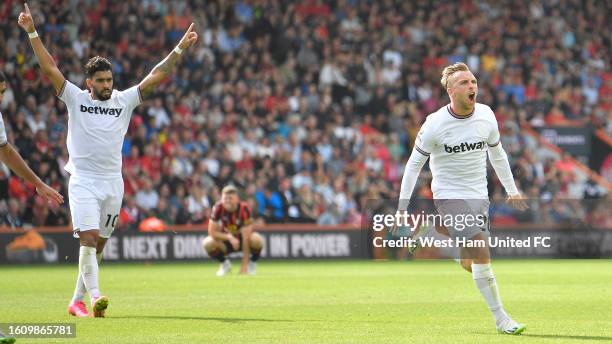 Jarrod Bowen of West Ham United celebrates scoring during the Premier League match between AFC Bournemouth and West Ham United at Vitality Stadium on...