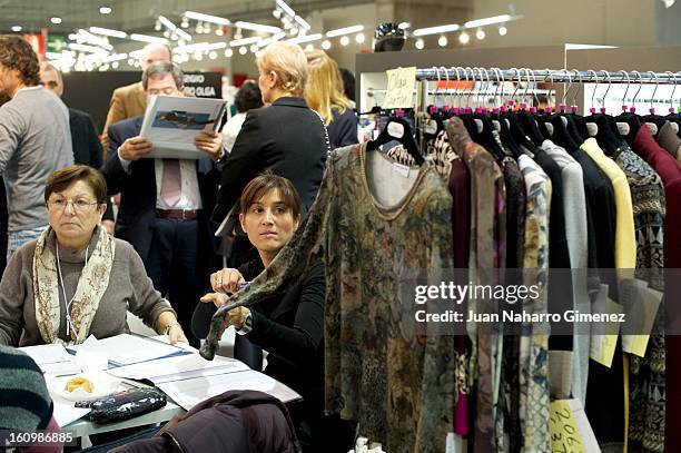 Women attend Olga Santoni stand at "Semana Internacional de la Moda de Madrid" at Ifema on February 8, 2013 in Madrid, Spain. Fashion, Business, and...