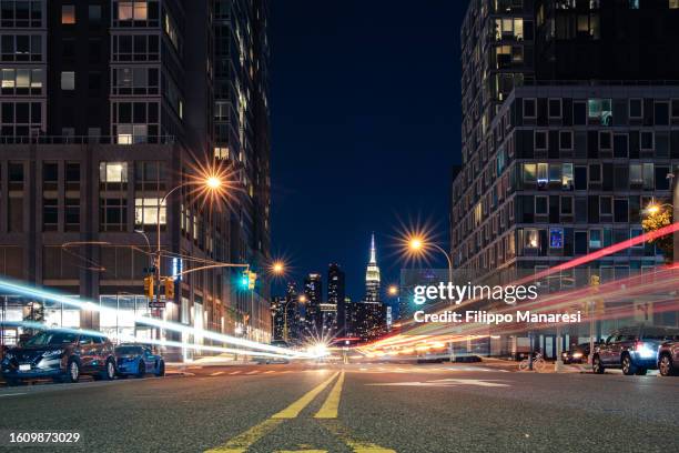 new york city light trails - new york city street light stock pictures, royalty-free photos & images