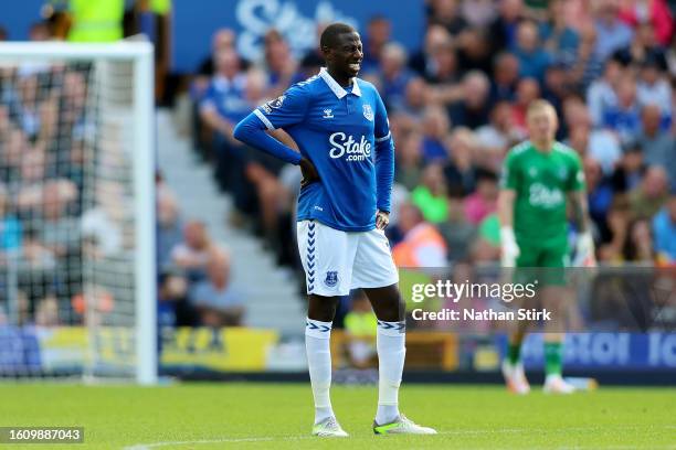 Abdoulaye Doucoure of Everton looks dejected after the team conceded the first goal during the Premier League match between Everton FC and Fulham FC...