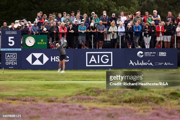 Ally Ewing of the United States tees off on the 5th hole on Day Three of the AIG Women's Open at Walton Heath Golf Club on August 12, 2023 in...