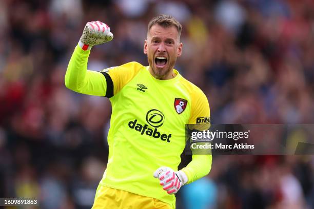 Neto of AFC Bournemouth celebrates after teammate Dominic Solanke scores the team's first goal during the Premier League match between AFC...
