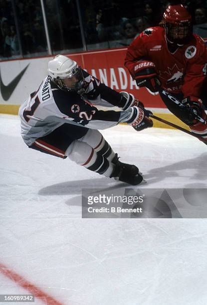 Cammi Granato of Team USA skates on the ice during an exhibition game against Team Canada during the NHL All-Star weekend on January 16, 1998 at the...