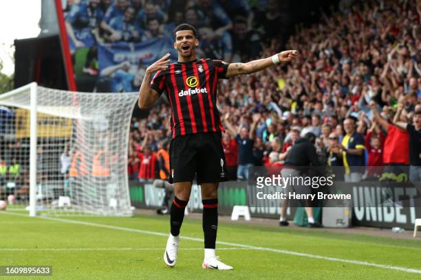 Dominic Solanke of AFC Bournemouth celebrates after scoring the team's first goal during the Premier League match between AFC Bournemouth and West...