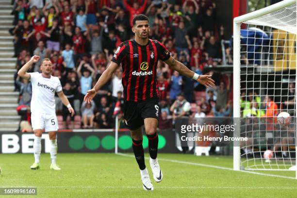 Dominic Solanke of AFC Bournemouth celebrates after scoring the team's first goal during the Premier League match between AFC Bournemouth and West...