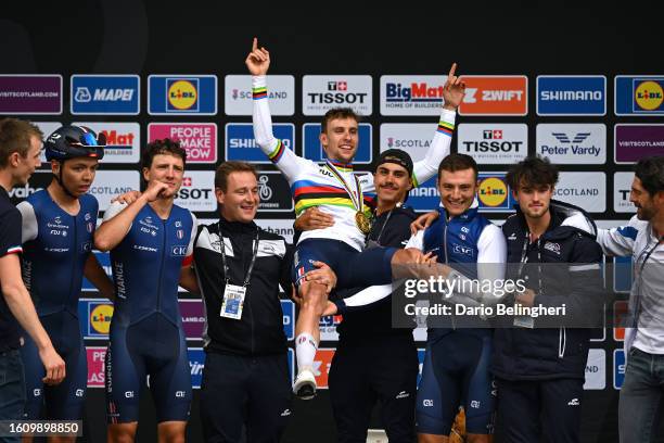 Gold medalist Axel Laurance of France celebrates winning with his teammates Pierre Gautherat of France, Antoine Huby of France, Noa Isidore of...