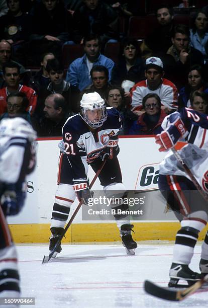 Cammi Granato of Team USA waits for the face-off during an exhibition game against Team Canada during the NHL All-Star weekend on January 16, 1998 at...