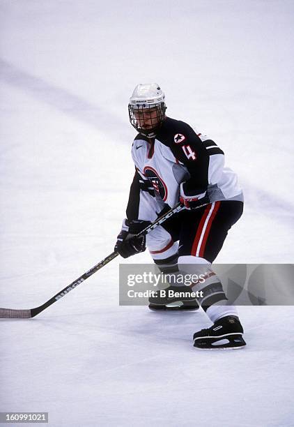 Angela Ruggiero of Team USA skates on the ice during the women's first round match at the 1998 Nagano Winter Olympics in February, 1998 at the Aqua...