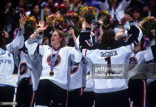 Angela Ruggiero of Team USA celebrates on the ice after the women's gold medal match against Team Canada at the 1998 Nagano Winter Olympics on...